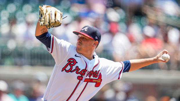 Jun 28, 2023; Cumberland, Georgia, USA; Atlanta Braves starting pitcher Kolby Allard (49) pitches against the Minnesota Twins during the second inning at Truist Park. Mandatory Credit: Dale Zanine-USA TODAY Sports